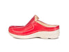 red leather ladies mules with contrasting white stitching detail and white flexible rubber sole