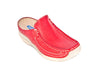 red leather ladies mules with contrasting white stitching detail and white flexible rubber sole