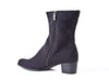 Ladies black fabric mid-calf boots with stitching detail to top and mid height heel. 