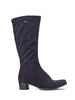 Ladies black fabric knee-high boots with stitching detail to top and mid height heel. 