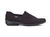 Ladies slip-on black loafer shoes with stitching detail to top and sides and moulded heel and sole. 