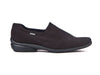 Ladies slip-on black loafer shoes with stitching detail to top and sides and moulded heel and sole. 