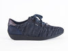 Navy blue mesh fabric lace-up trainer shoe with leather trim. 