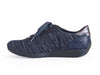 Navy blue mesh fabric lace-up trainer shoe with leather trim. 