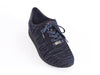 Navy blue mesh fabric lace-up trainer shoe with leather trim. 