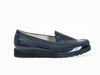 navy blue patent leather ladies loafers - chunky black sole 
