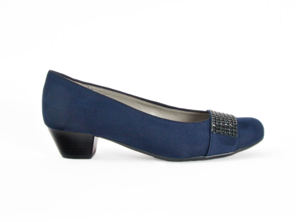 blue suede court shoes with a trim detail across the toe, in wide fitting, sizes small to large 9 - at Ellie Dickins Shoes