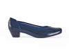 Women's navy blue leather slip on court shoes, extra wide with stylish elastic trim detail - at Ellie Dickins Shoes