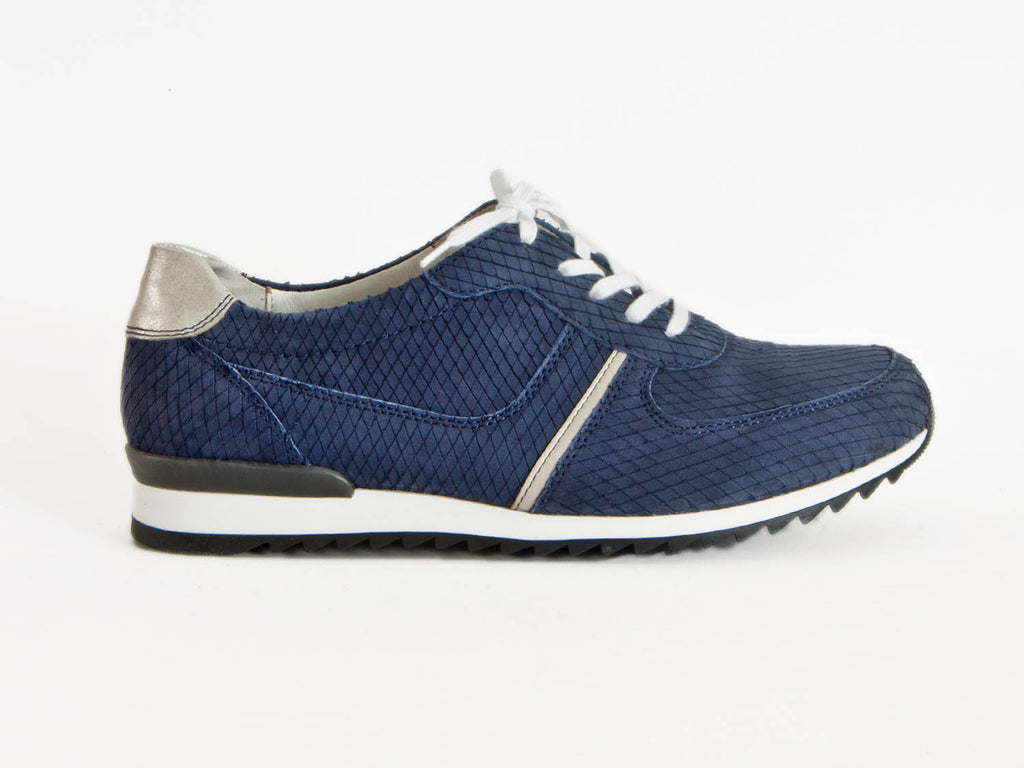 navy blue suede trainer lace-up with contrasting white side flash, heel detail and rubber sole