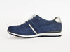 navy blue suede trainer lace-up with contrasting white side flash, heel detail and rubber sole