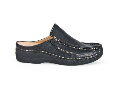 Wolky Roll Slide black leather mule