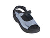 Metallic light blue ladies leather sandals with thick black sole and backstrap.