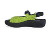 Lime green ladies leather sandals with thick black sole and backstrap.