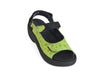 Lime green ladies leather sandals with thick black sole and backstrap.