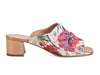 Mule shoes with pretty pink flowers on cream background with stitching, fabric and sequins, and gold coloured heel and sole