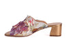 Mule shoes with pretty pink flowers on cream background with stitching, fabric and sequins
