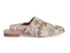 lace covered ladies summer shoe with silver metallic leather elastic strap at the back