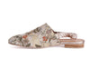 lace covered ladies summer shoe with silver metallic leather elastic strap at the back