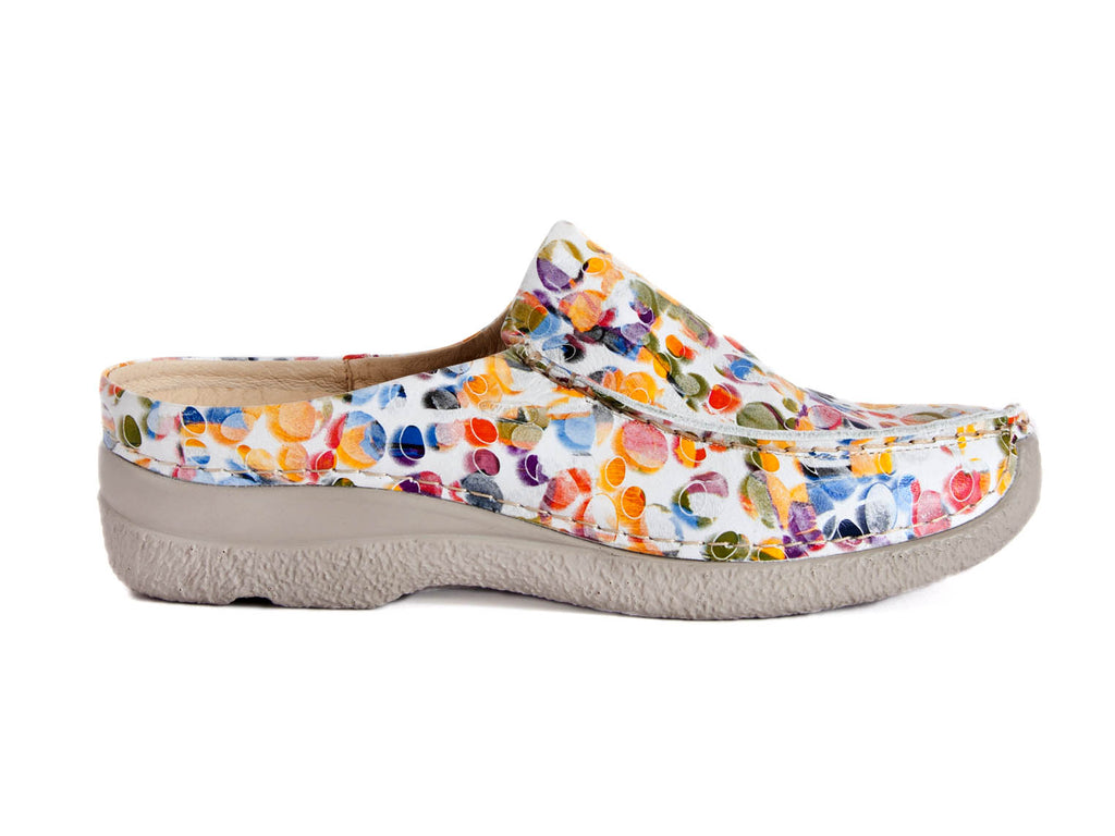 Bright dotty multi-coloured leather upper with white stitching and thick soft white rubberised sole mule slip on shoes