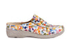 Bright dotty multi-coloured leather upper with white stitching and thick soft white rubberised sole mule slip on shoes