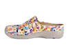 Bright dotty multi-coloured leather upper with white stitching and thick soft white rubberised sole mule slip on shoes