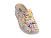 Bright dotty multi-coloured leather upper with white stitching and thick soft white rubberised sole mule slip on shoes