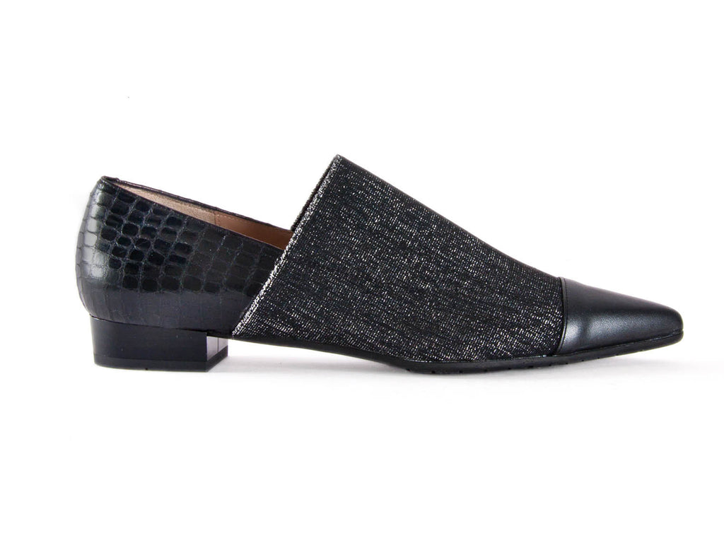 Clearance 50% off leather & fabric black loafer with plain toe cap