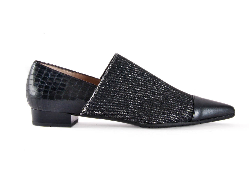 Mock croc and fabric black loafer
