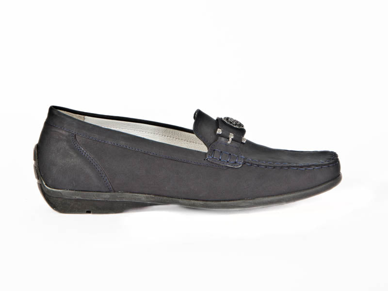 Ladies low heel black nubuck leather moccasin
