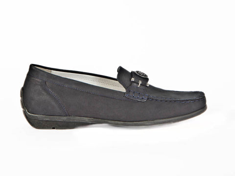 Harriet wide fit navy blue nubuck moccasin with bar detail