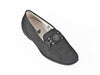Ladies black leather moccasin with metal detail on the barl trim