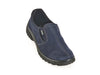 Navy blue nubuck leather slip on shoes with black ribbed sole and white feature sitting - at Ellie Dickins Shoes