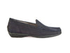 Ladies flat black nubuck leather shoes, with low heel, feature moccasin stitching around the toe - from Ellie Dickins Shoes
