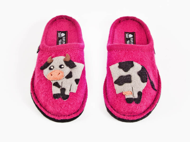 Haflinger wool non slip sole fushia pink cow slipper