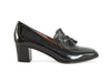 Mid-heeled moc-snakeskin black leather loafer with tassel