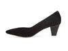 black grey mid-height heeled shoe with glossy patent leather on one side and rich suede on the other, overlapping on the front of the shoe