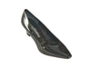 black grey mid-height heeled shoe with glossy patent leather on one side and rich suede on the other, overlapping on the front of the shoe