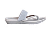Silver sandals with toe post and wide bar across top of foot, moulded footbed in light and dark silver soft sole. 