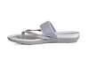 Side view of silver sandals with toe post and wide bar across top of foot, moulded footbed in light and dark silver soft sole. 