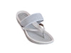Top view of Silver sandals with toe post and wide bar across top of foot, moulded footbed in light and dark silver soft sole. 