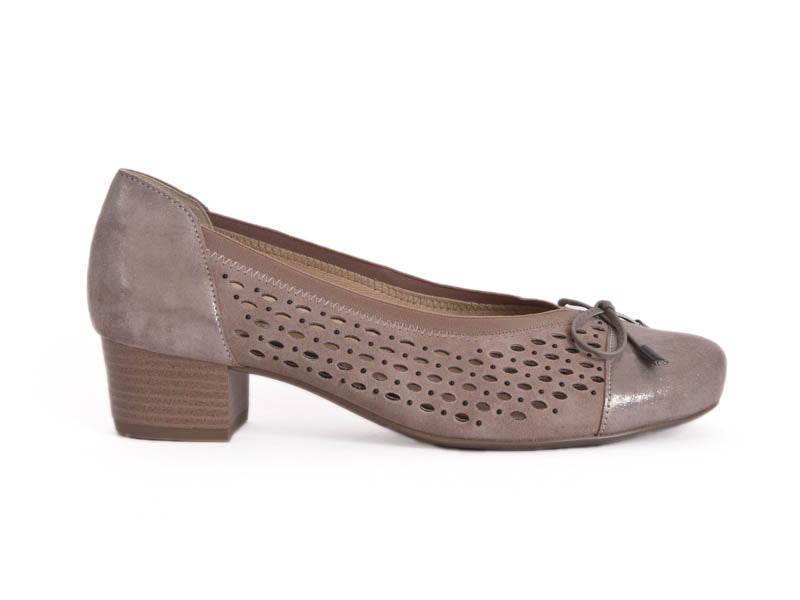 Ladies court shoe with punched suede sides and top, with a contrasting texture patent leather heel and toe, in go-with-everything taupe