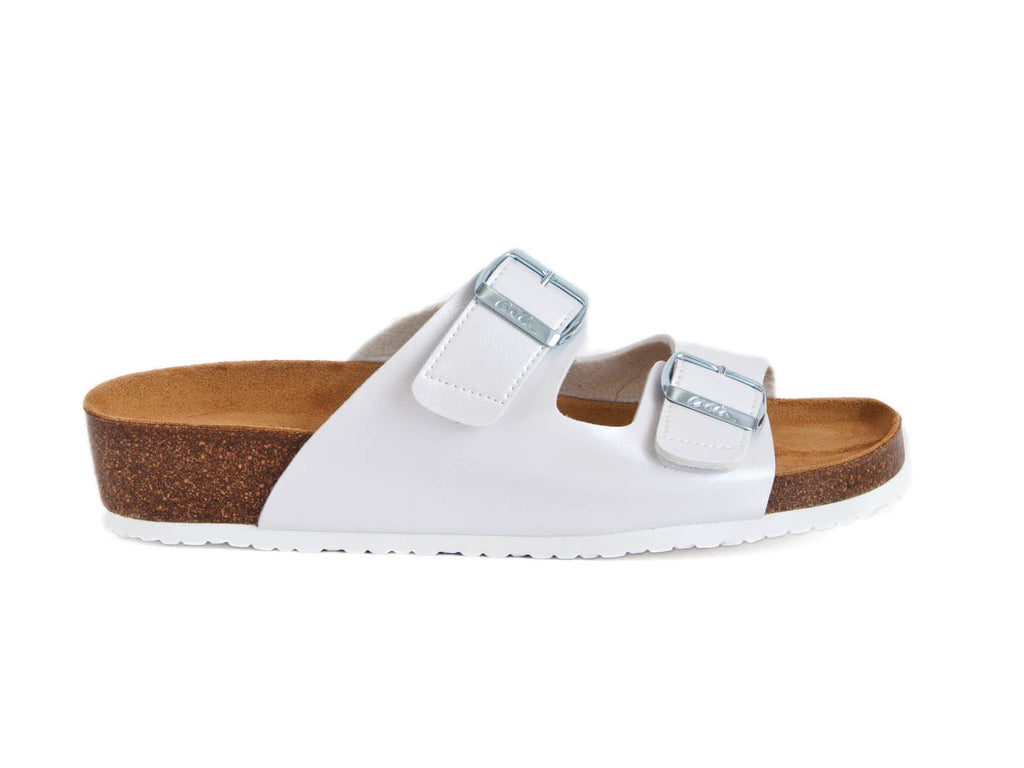 White leather sandals, with two silver adjustable buckles, and a soft tan coloured leather lining, and cork sole with white PU grip. 