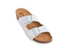 top view of White leather sandal, with two silver buckles and a soft tan coloured leather lining, and cork sole with white PU grip. 
