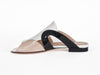 flat ladies sandal with a white top and nude and black sides, black heel and white leather lining - Ellie Dickins Shoes