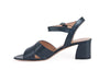 women's sandals with mid-height heel, leather crossover top with matching leather toe, and pretty round side buckle