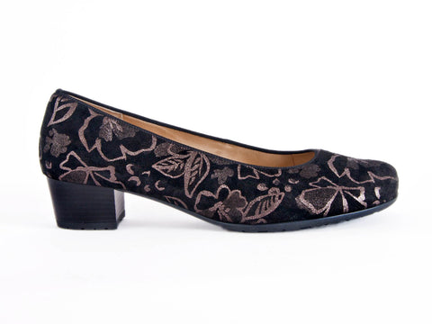 Ara wide fit rosegold & black suede court