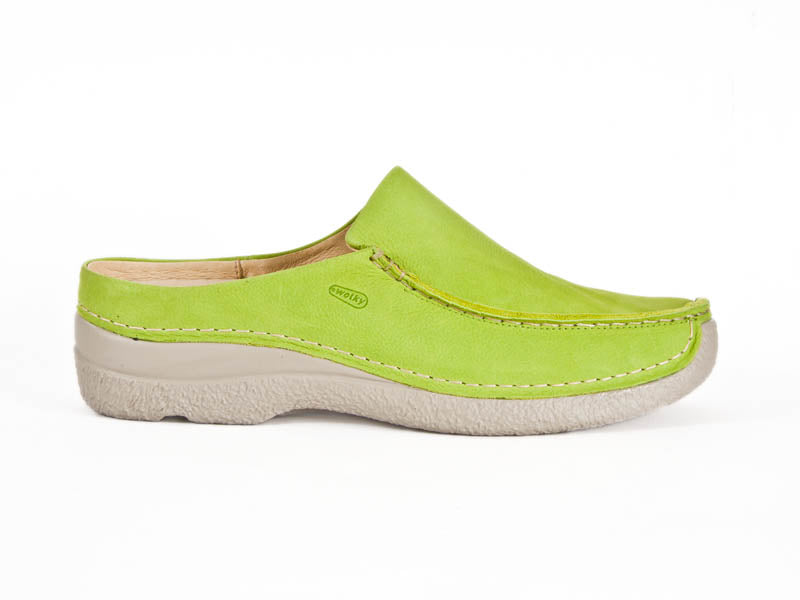 Bright lime green leather upper with white stitching and thick soft white rubberised sole mule slip on shoes