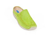 Bright lime green leather upper with white stitching and thick soft white rubberised sole mule slip on shoes