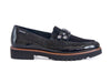 Black patent leather and suede loafers, with jewelled bar across the foot, think tan stitched sole on top of a black crepe style gripping sole. 