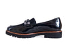 Black patent leather and suede loafers, with jewelled bar across the foot, think tan stitched sole on top of a black crepe style gripping sole. 